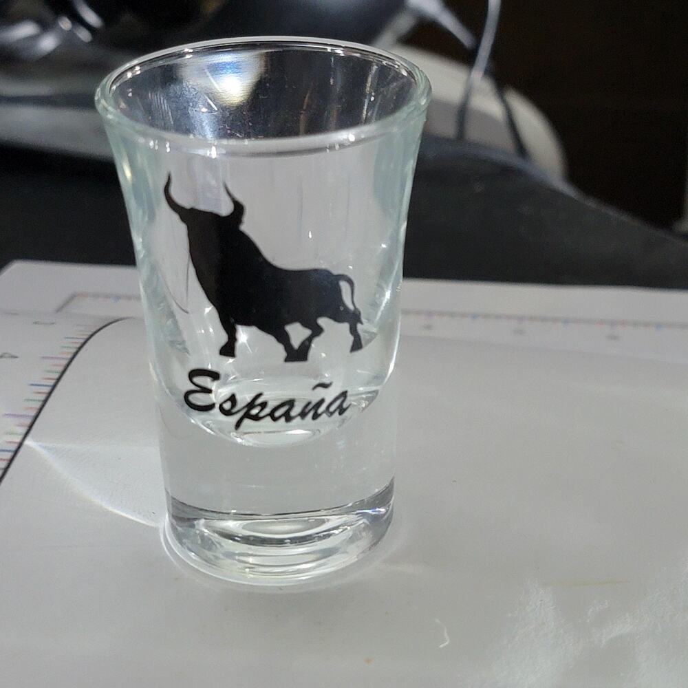Espana Bull Shot Glass Clear Glass Decorated Souvenir Small Spain Collectible